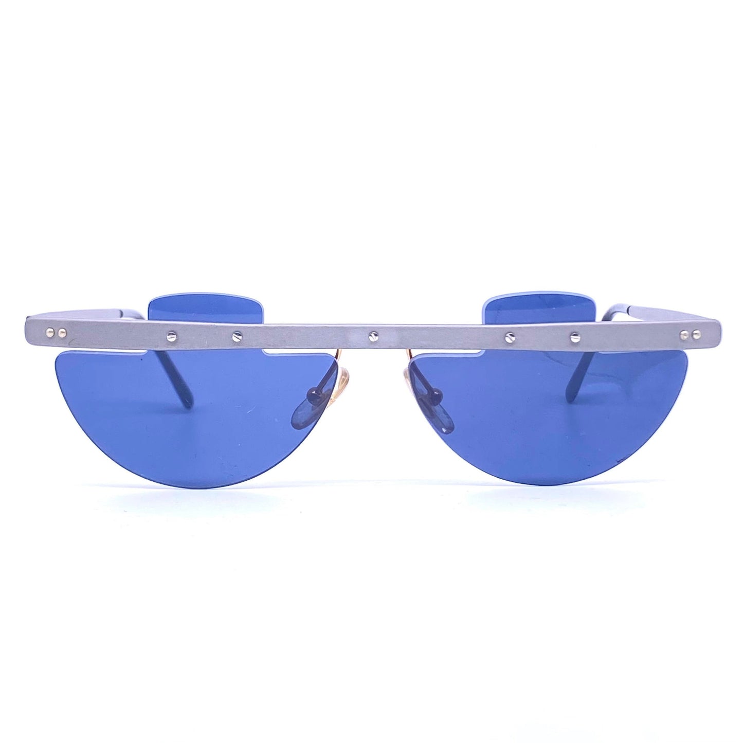 Sin&Cos semi circle anodized metal steampunk sunglasses, blue, silver or red, NOS 90s Italy