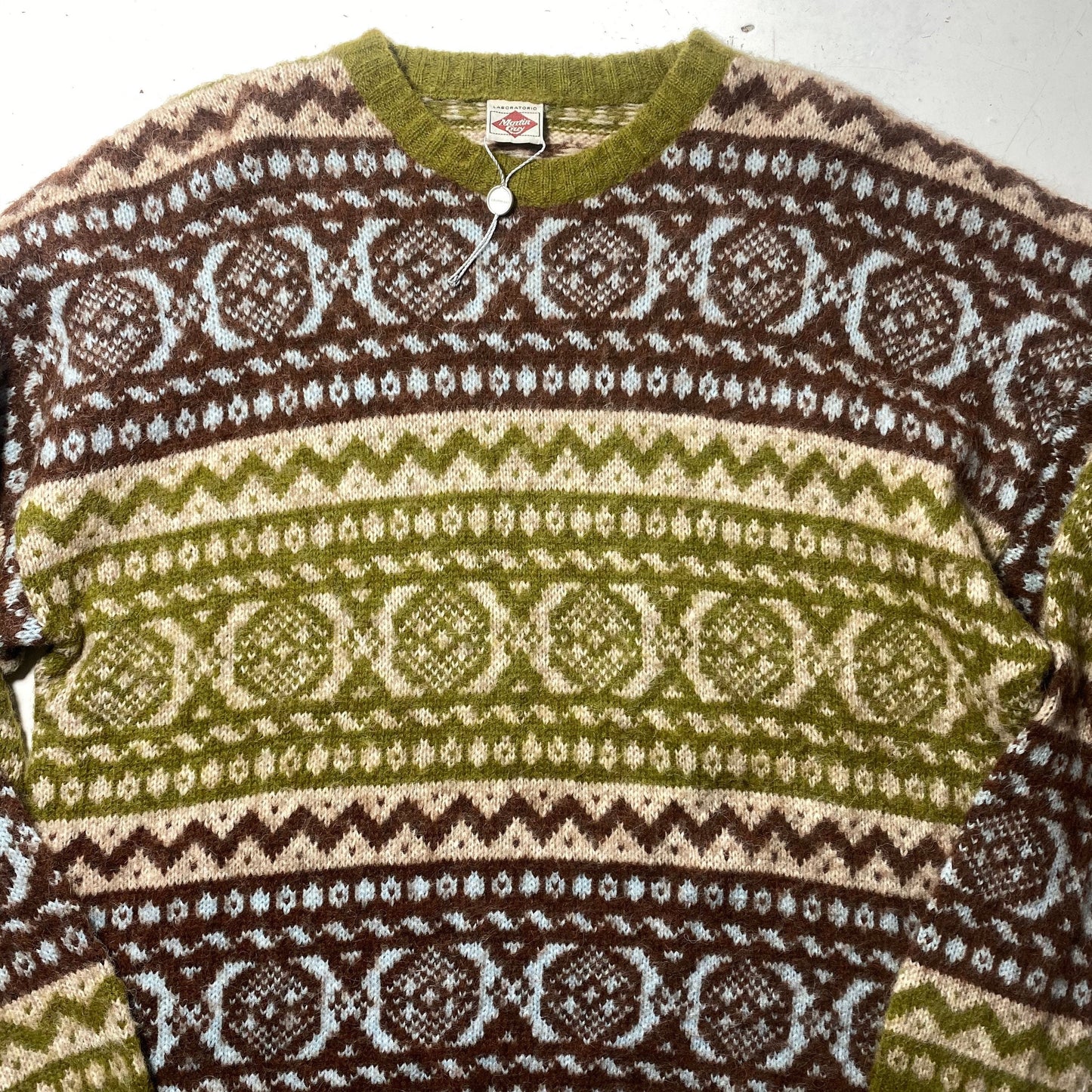 Martin Guy 80s softest wool/alpaca blend winter knitted jumper, green brown and turquoise geometrical allover, NOS 80s Italy