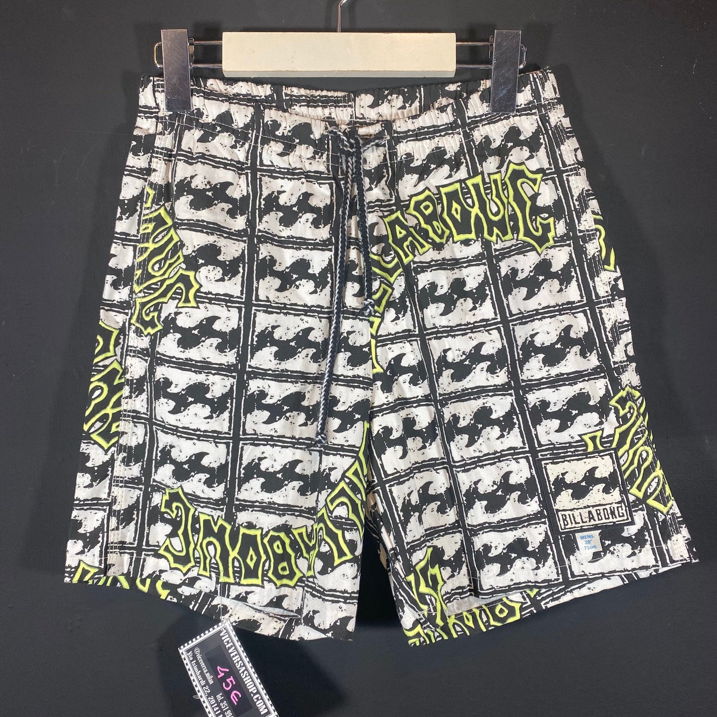 Billabong 90s beach swim shorts, cool black / white / neon print, NOS new and unworn.