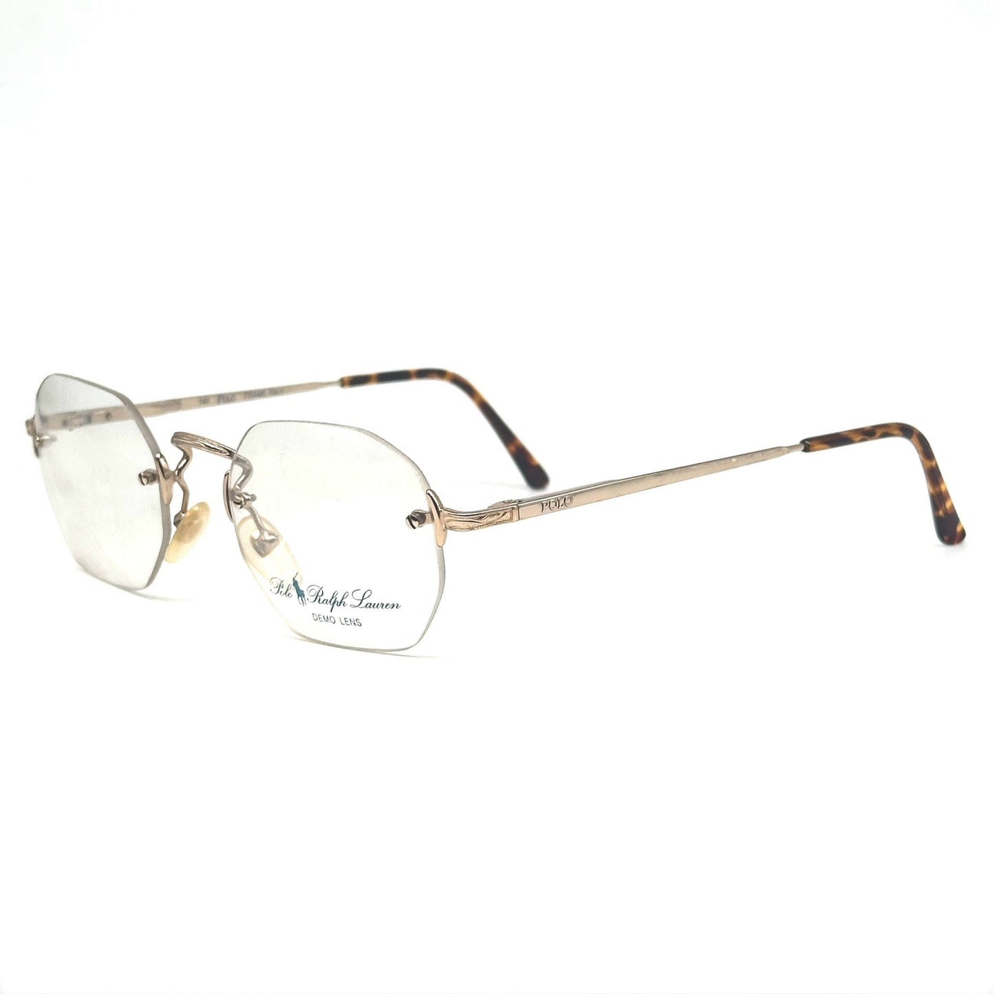 Ralph Lauren polo classic XL retro deco style rectangular rimless golden metal eyeglasses frames, 80s NOS Italy