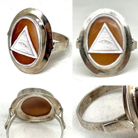 All Seeing Eye - Annuit Coeptis 925 silver cameo ring, fine Italian jewelry in real shell/coral, NOS 60s
