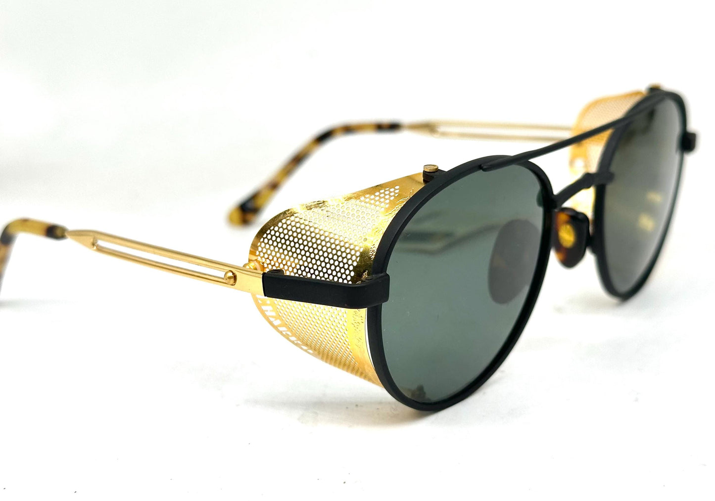 Charro rare round black-gold side shields sunglasses hand made in Italy, 80s NoS