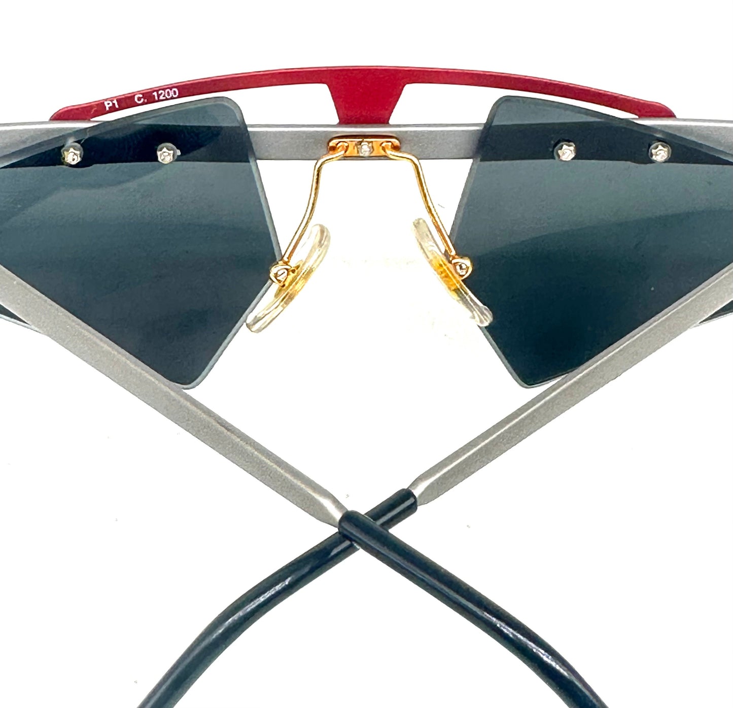 Sin&Cos edgy silver metal sunglasses with metallized red upper bridge, eye catching avant garde design, NOS 90s