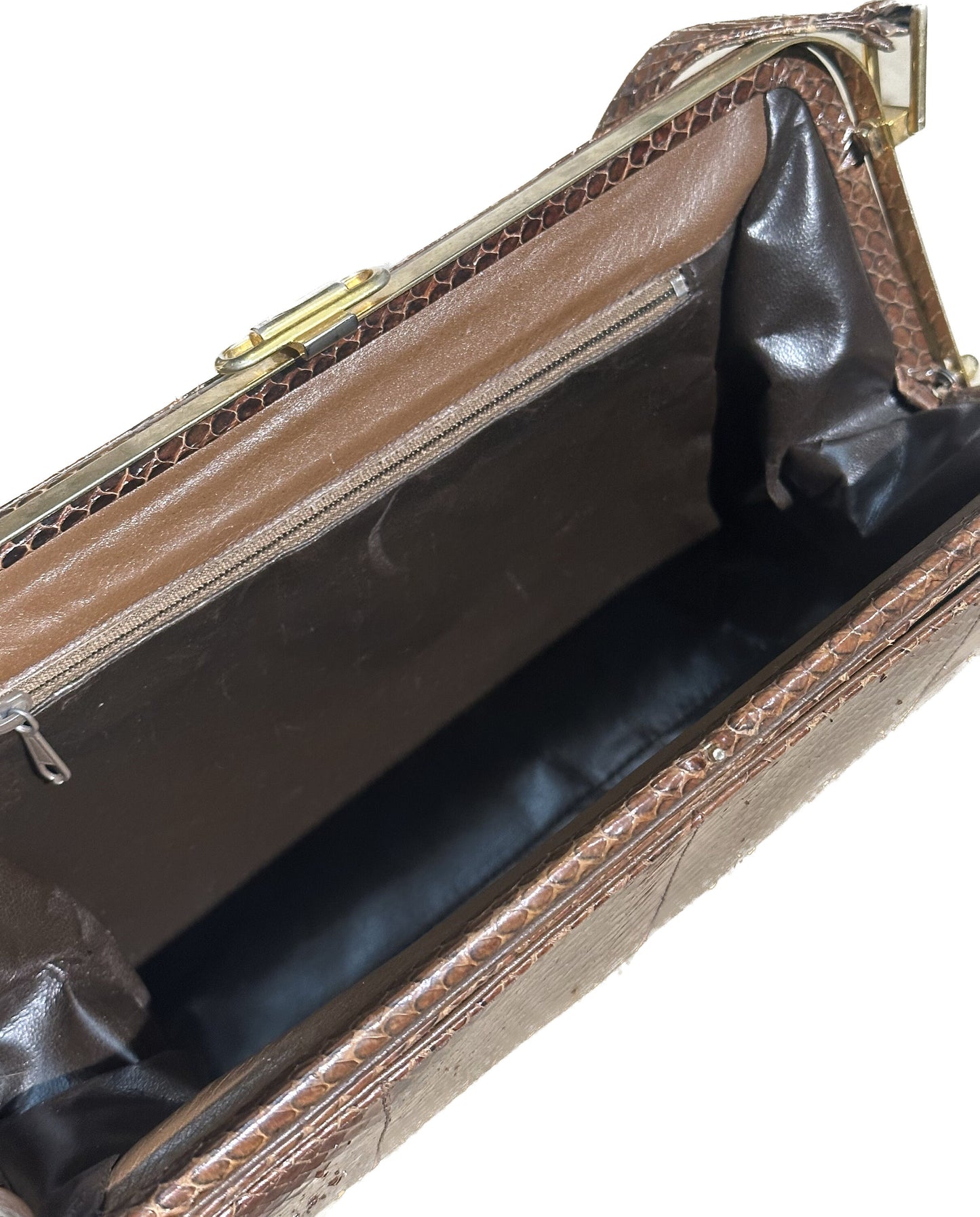 1970s artisanal snake leather shoulder bag, brown phyton skin evening pouch bag w/ golden brass framing, NOS 70s.