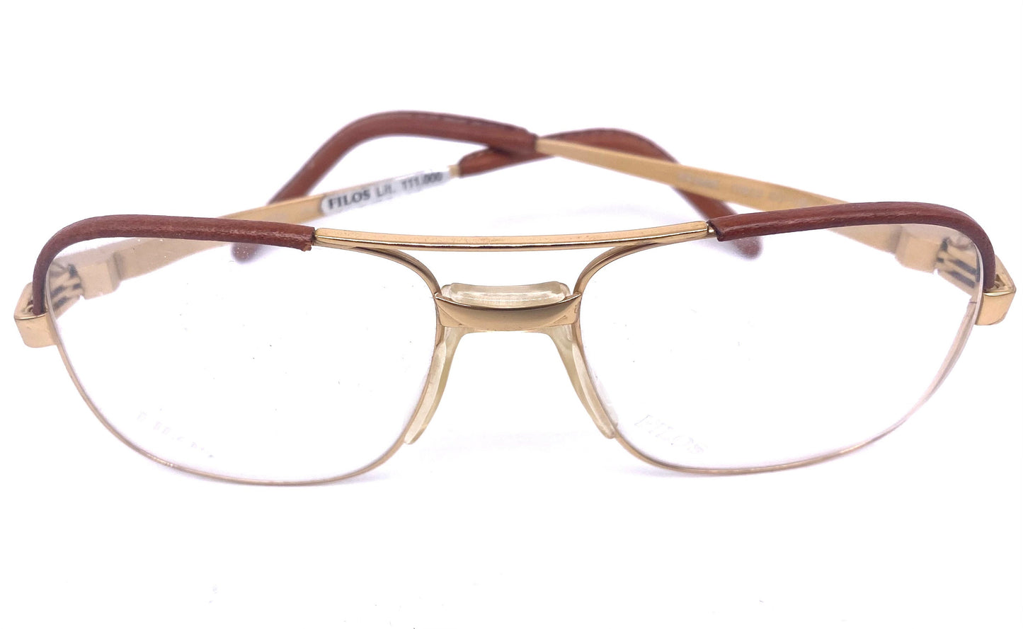 Filos dbl bridge square golden metal aviator frames with leather inserts, NOS 80s hand made in Italy