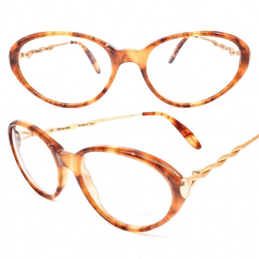 Trussardi 235 brown tortoise slim acetate cateye eyeglasses with rope temple desig, 80s nos Italy