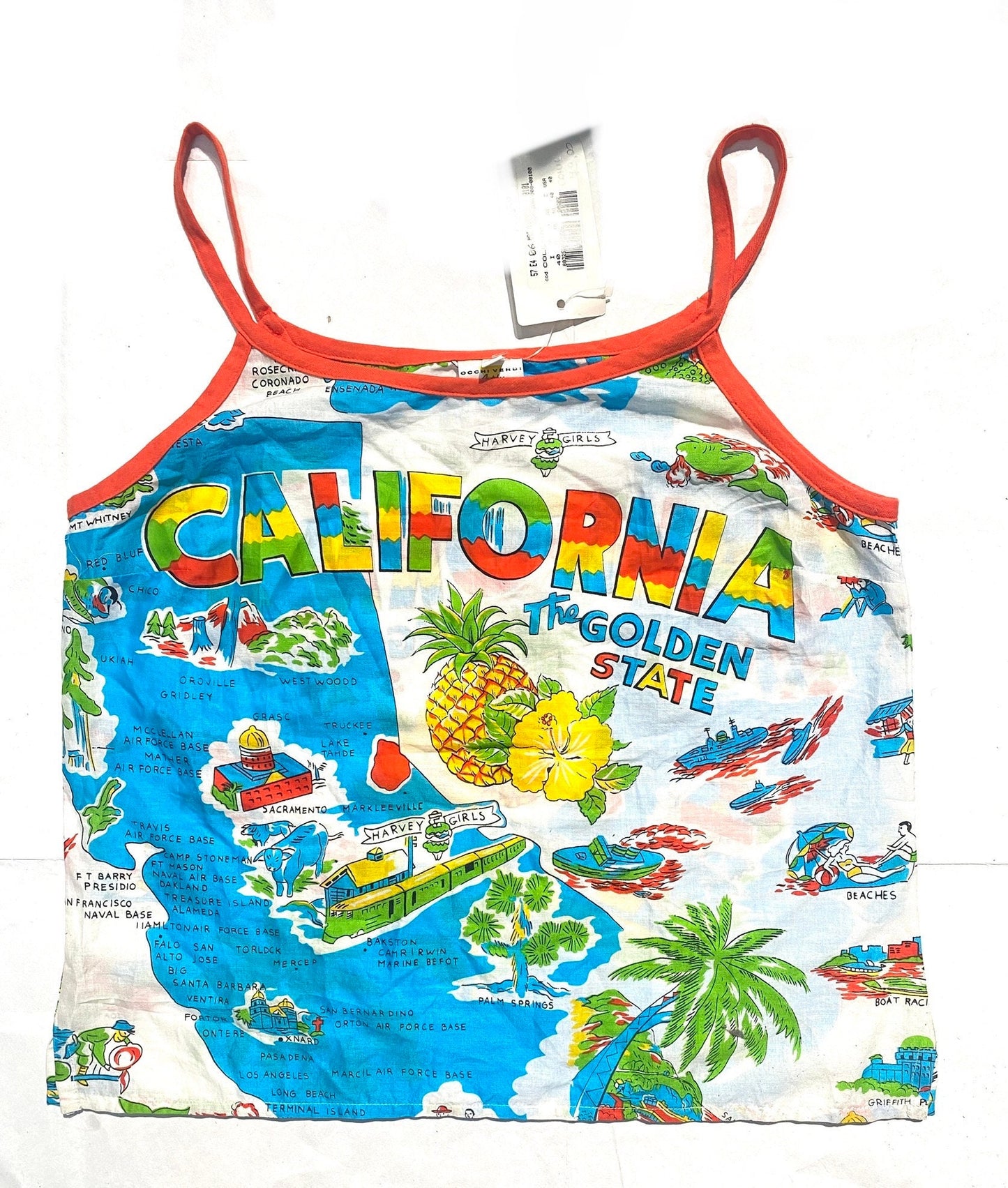 California “The Golden State” retro postcard / Map print cotton tanktop sz M, NOS 80s Italy