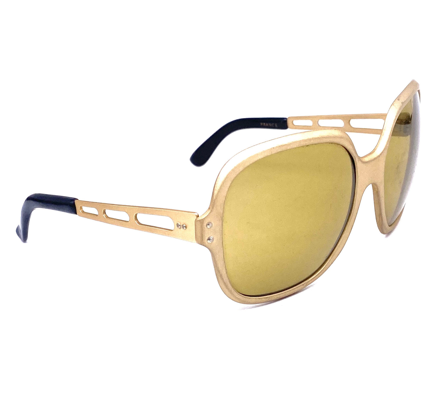 1970s funky square oversized brushed golden metal sunglasses with cutoff detailed temples, great condition