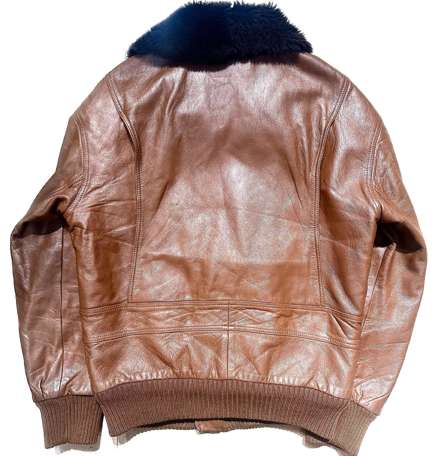 Tan leather flight style bomber jacket w/ faux fur lining & collar, mint condition sz 48