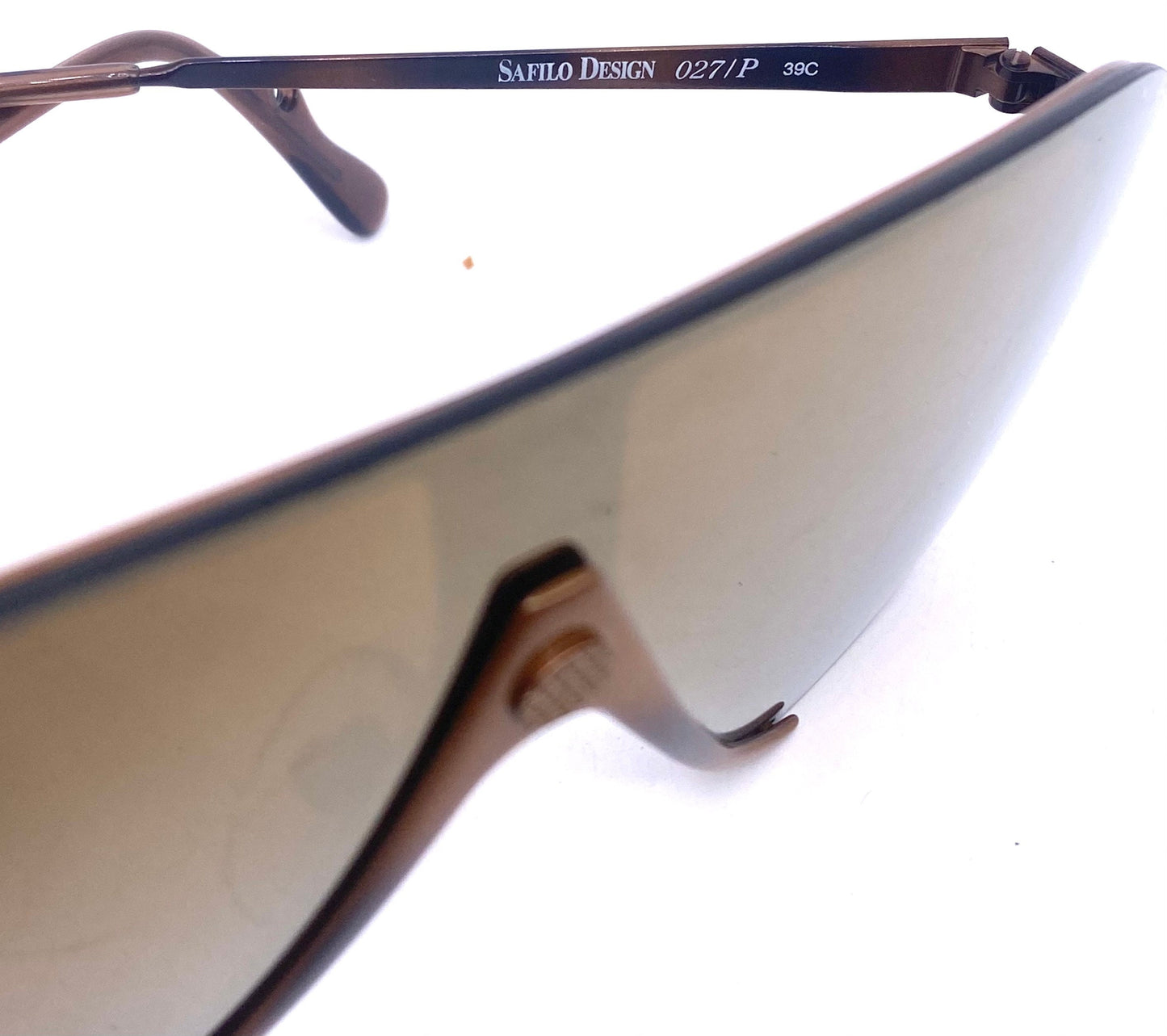 Safilo Design 027/P wrap aviator sunglasses, brown metallized mask-shield design with gold mirrored lens, NOS 80s