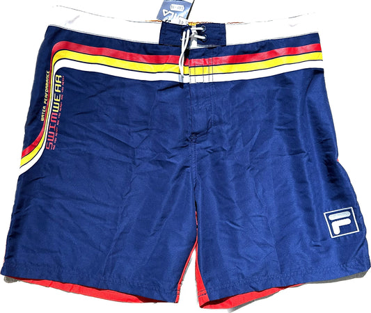 Fila signature colors navy / red swim shorts with embroidered logo and printed stripes, sizes L, XL
