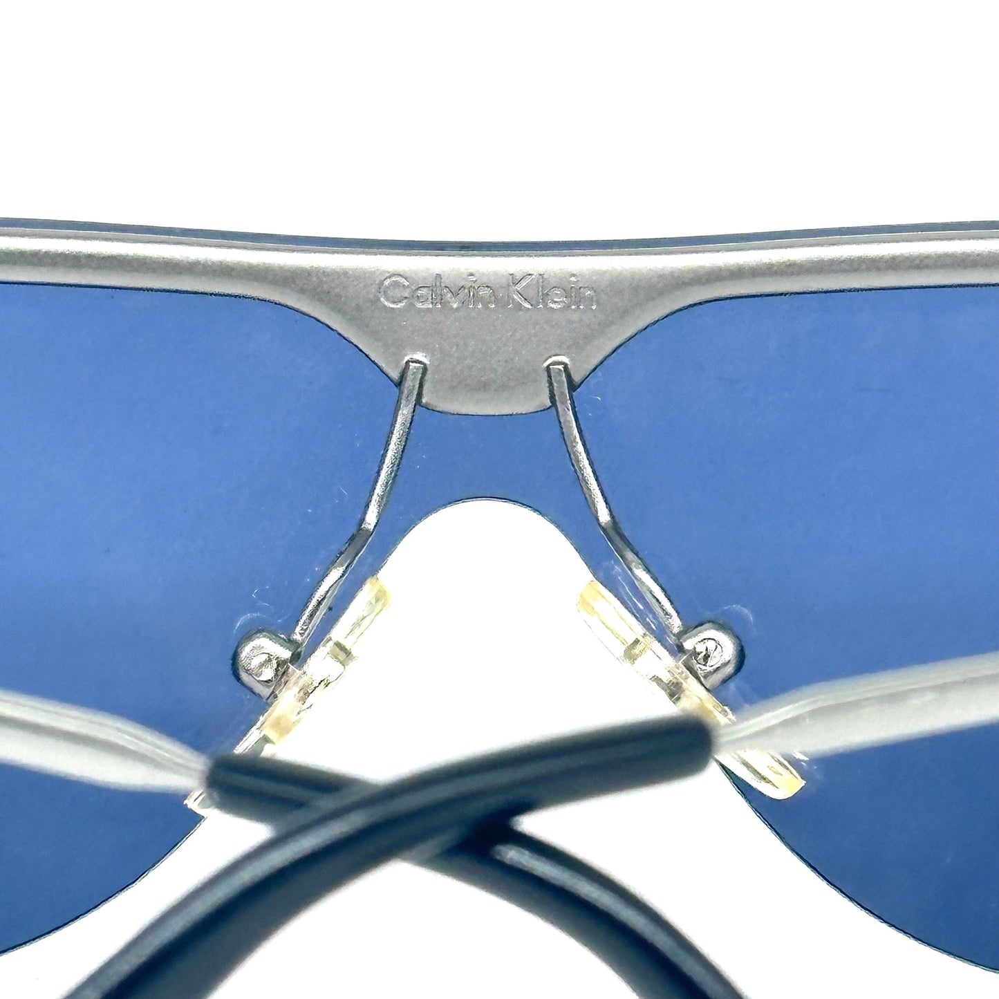 Calvin Klein 168S silver metal shield frames mask sunglasses with blue lens vintage 90s NoS