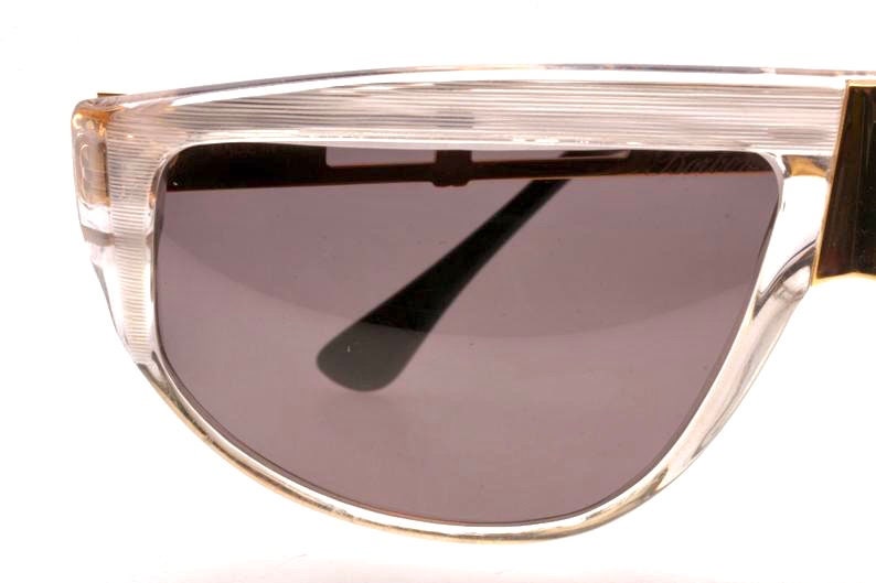 Borbonese luxury wrap sunglasses in white-clear cello with golden metal details and temples, NOS 80s Italy