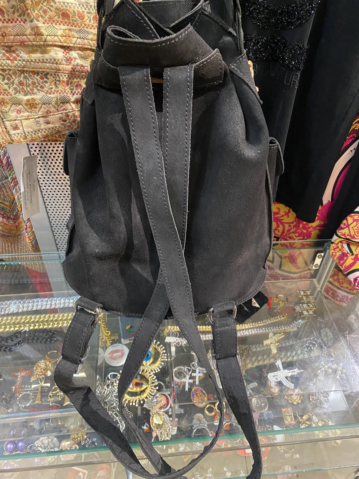 Artisanal black suede leather backpack / bucket bag with cotton canvas lining, NOS 90s Italy