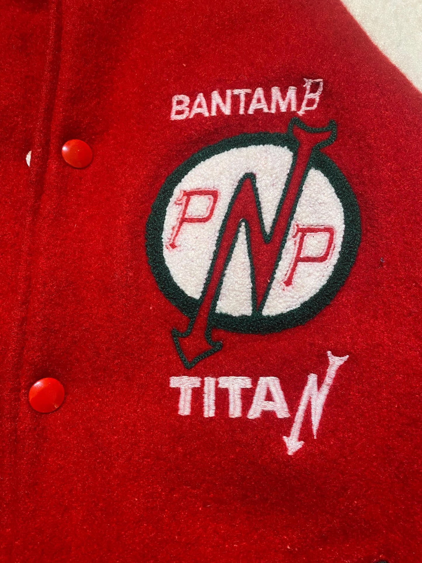 BantamB Titan red-Whire-Green winter wool varsity jacket sz L, great condition