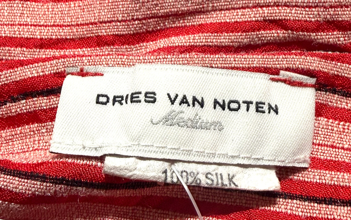 Dries Van Noten striped red-cream silk jacquard ladies blouse-top w hood-wide collar, sz M, perfect