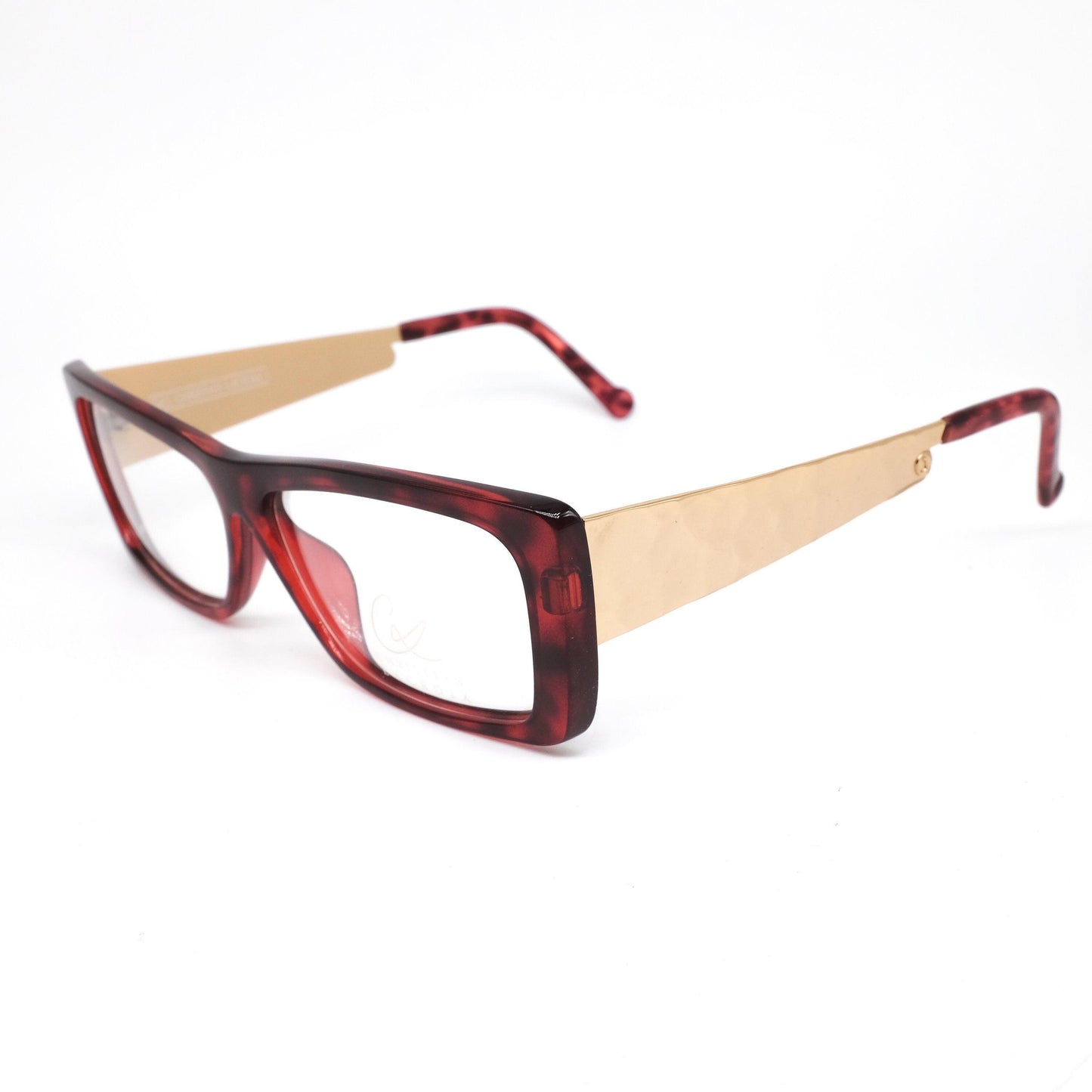 Christian Lacroix 7343 square red tortoise frames w thick hammered golden metal temples, NOS 80s France