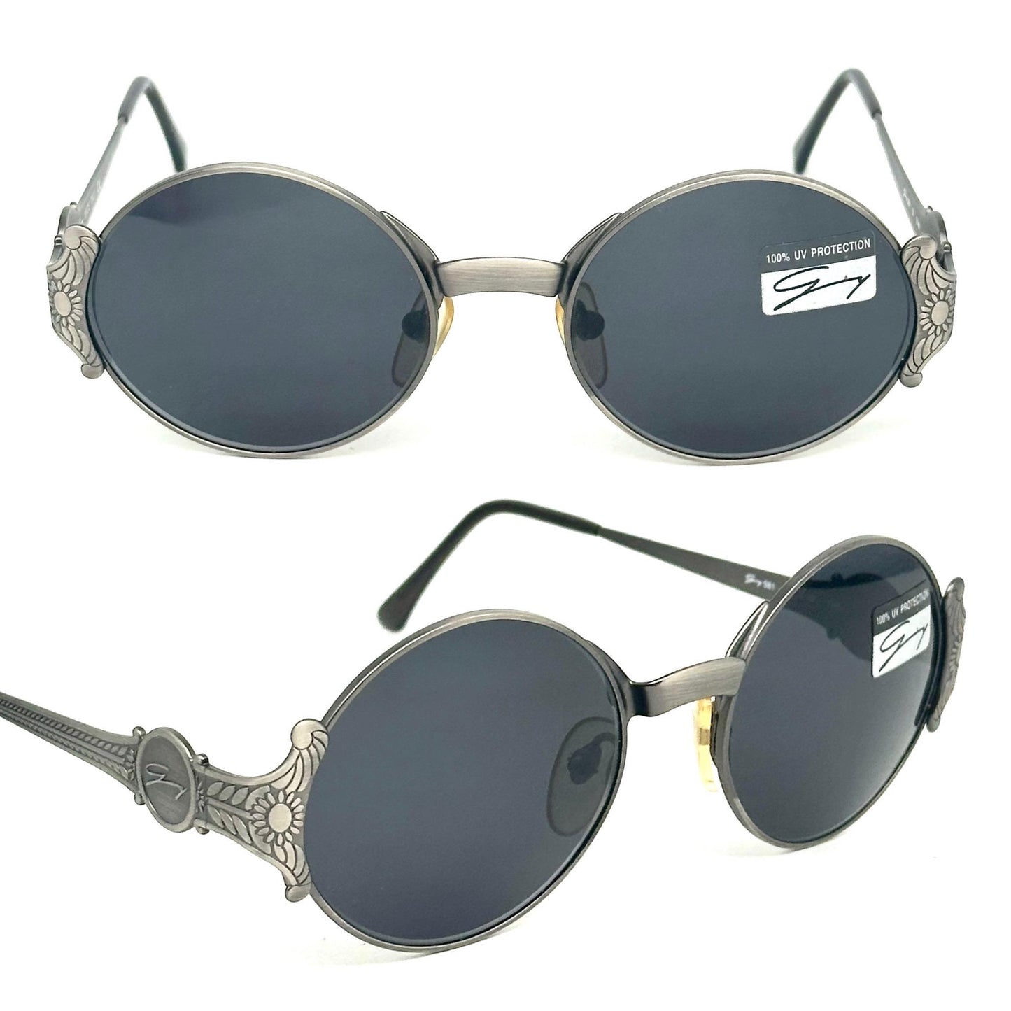 Genny 581-S warm metallic grey oval sunglasses with carved floral temples detail made in Italy 90s NOS