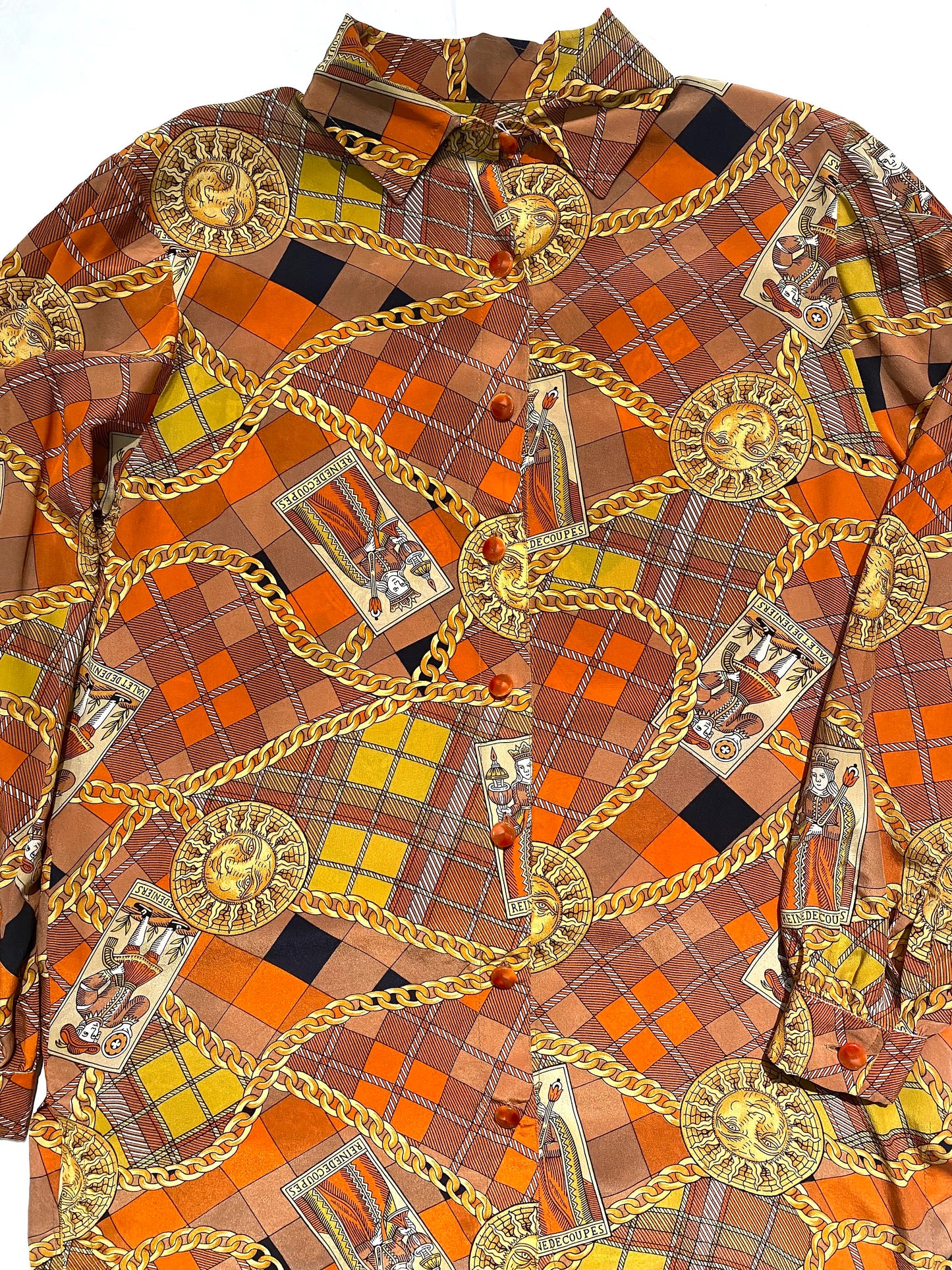 Pure silk baroque sun/ moon/ tarots cards shirt, super cool one of a kind tailor made piece, sz 46, mint