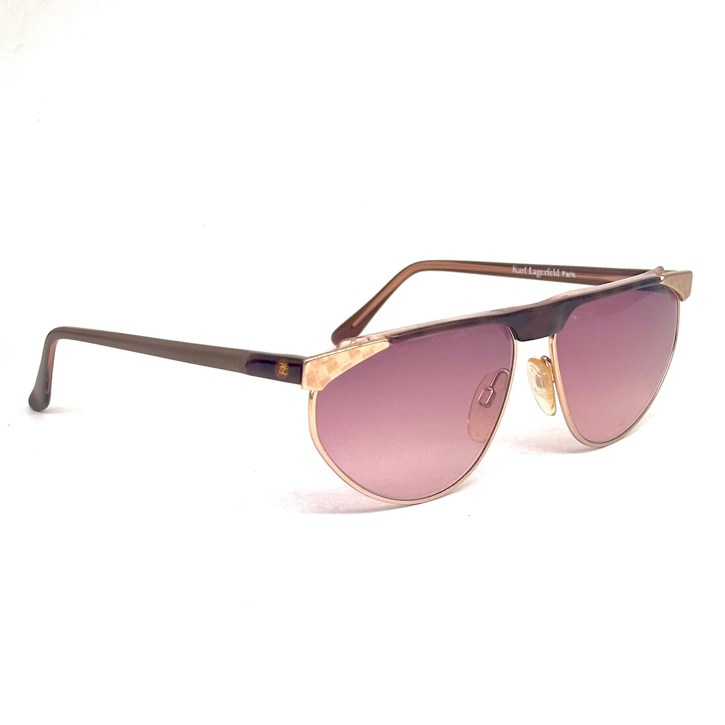 Karl Lagerfeld 109 58 903 brown tortoise and gold frame with chess detail on the sides vintage sunglasses w/ gradient purple lens, NOS
