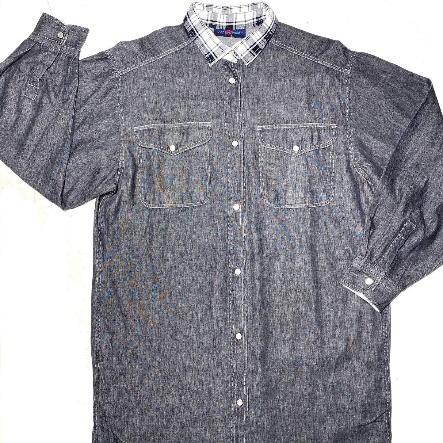 Les Copains grey denim shirt dress with checkered collar, country / chic spring dress 90s Italy