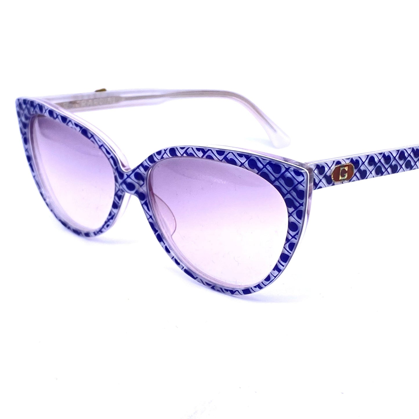 Gherardini blue-white monogram allover iconic cateye sunglasses hand made in Italy, 90s NOS