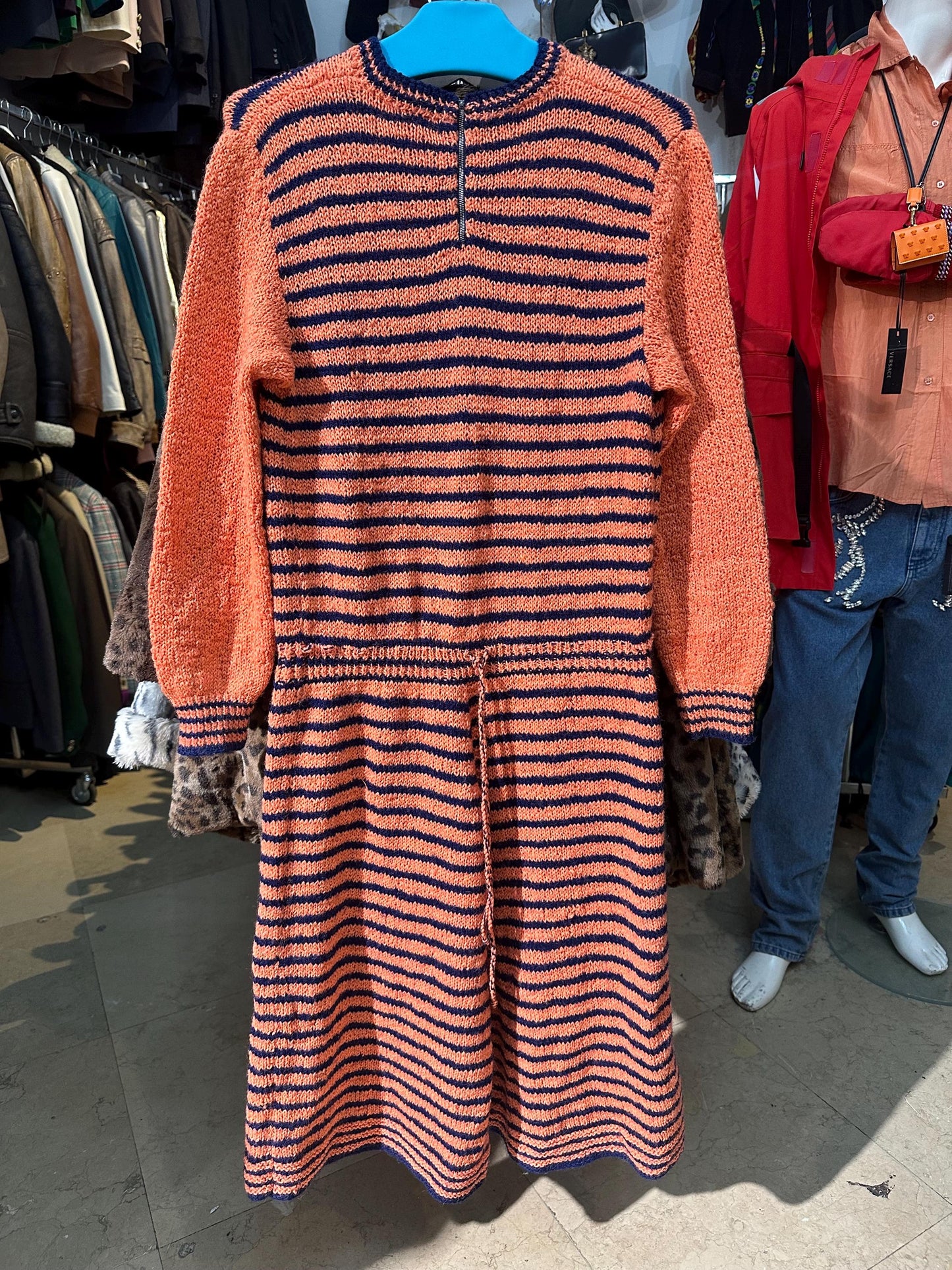 One of a kind Orange - Navy Striped hand knit maxi dress made in Italy in the 70s, in perfect condition.