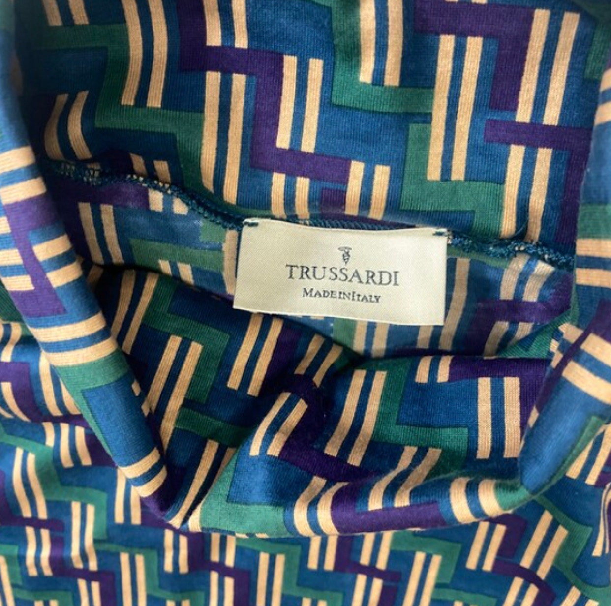 Trussardi 70s style cotton turtleneck jumper w geometrical allover in green, blue and beige, mint