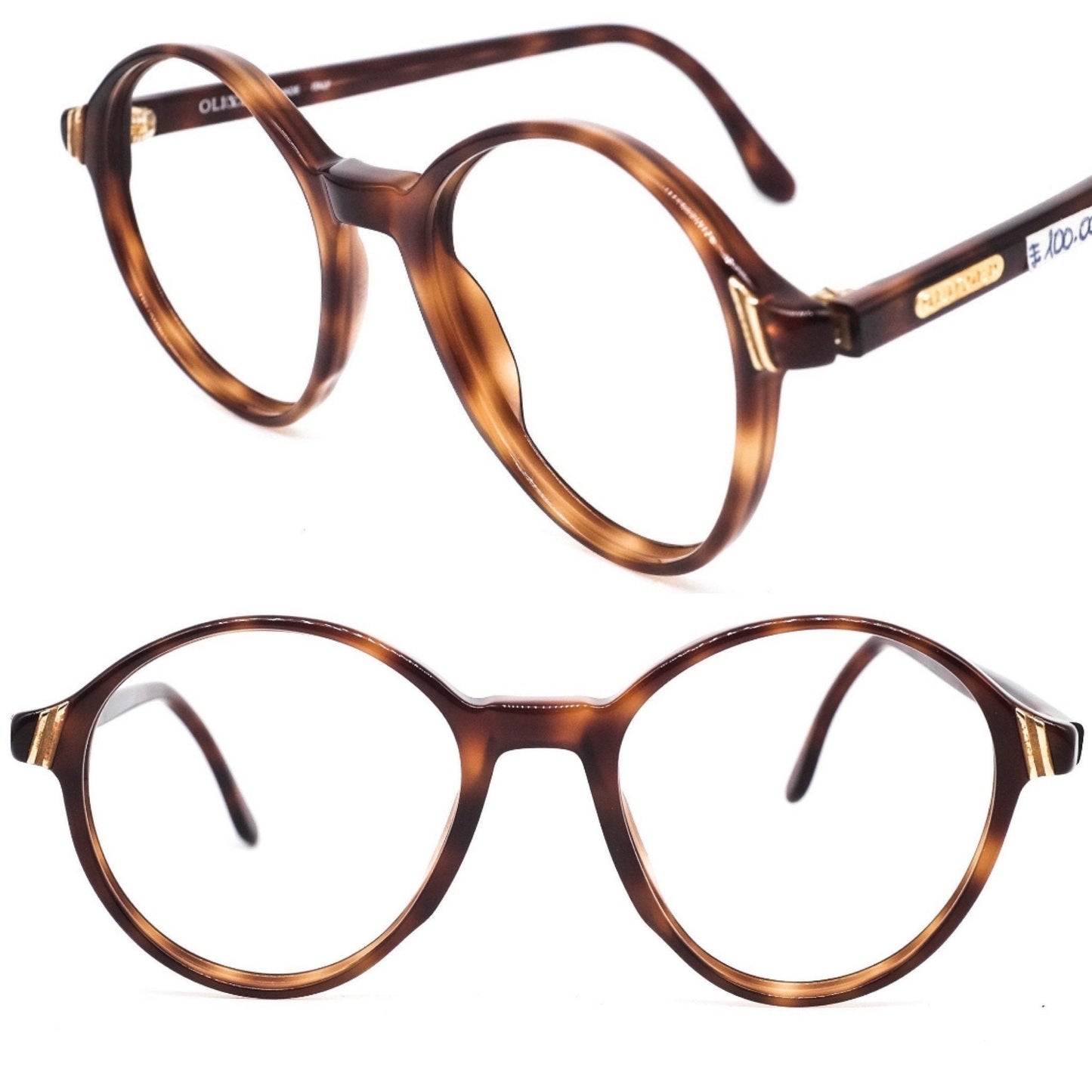 Oliver by Valentino round tortoise eyeglasses frames w golden details & branding, NOS 80s Italy
