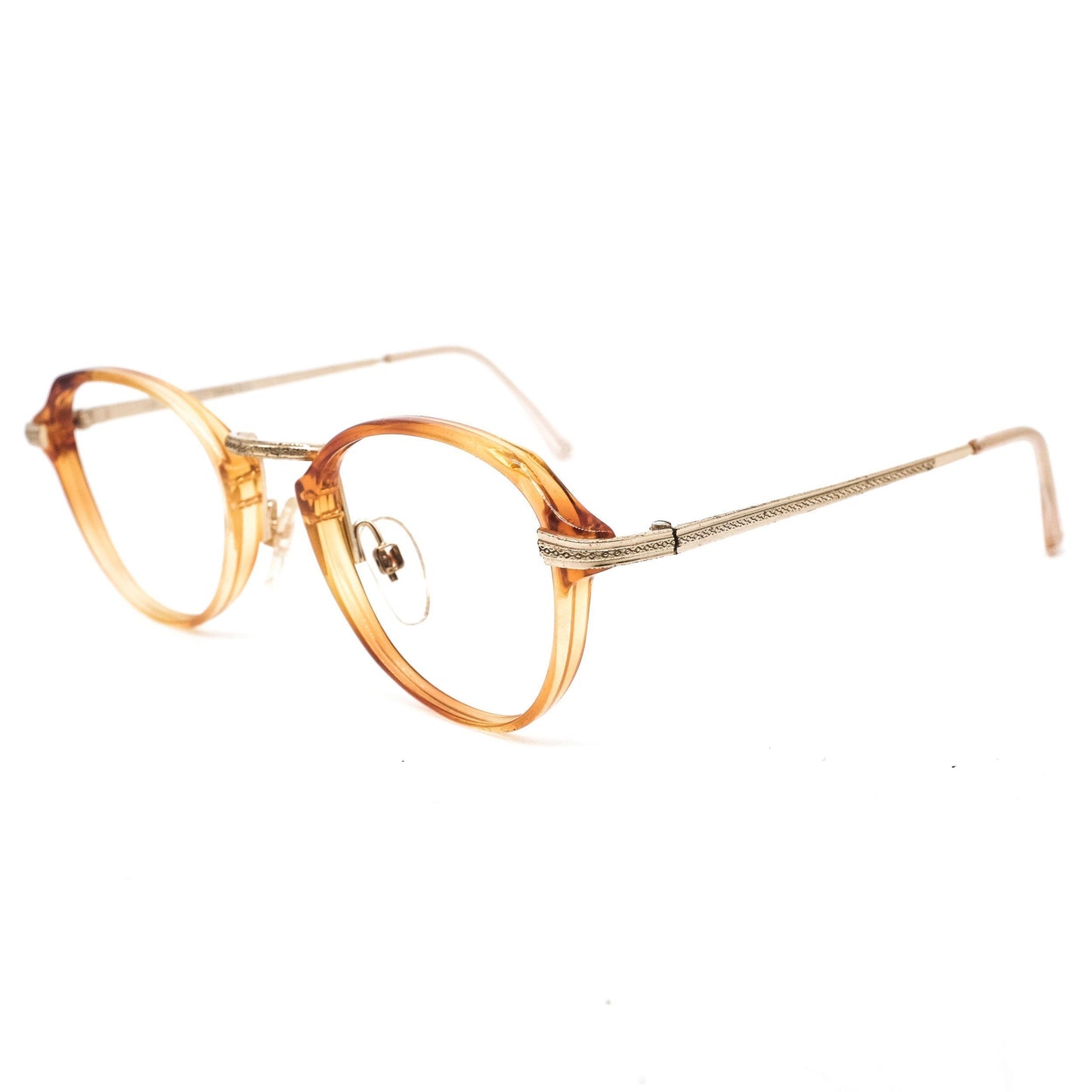 Safilo 1950s oval round cello semi amber eyeglasses frames with carved golden temples and nose bridge. Mint condition Made in Italy