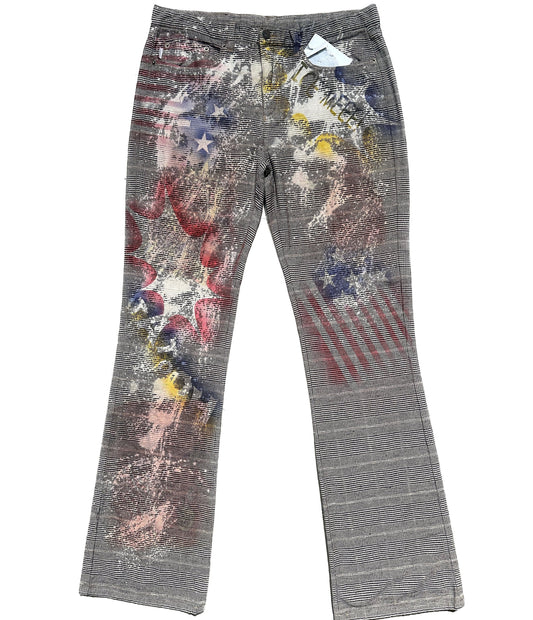 Iceberg Jeans flared checkered cotton trousers w pop- US flag inspired serigraphic hand print, stunning NOS 90s sz 32