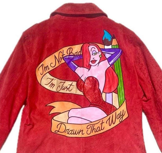 Jessica Rabbit custom painted upcycled vintage jacket for woman, hand paint disney garment design