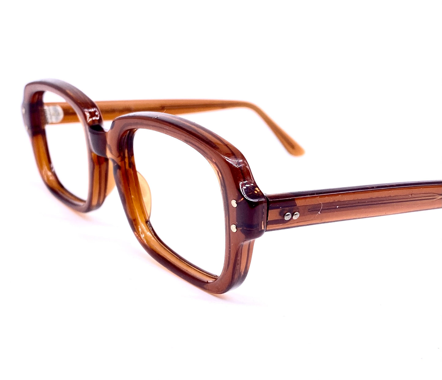 Romco US Army square brown translucent acetate glasses w silver metal pins, 1960s NOS brand new never worn