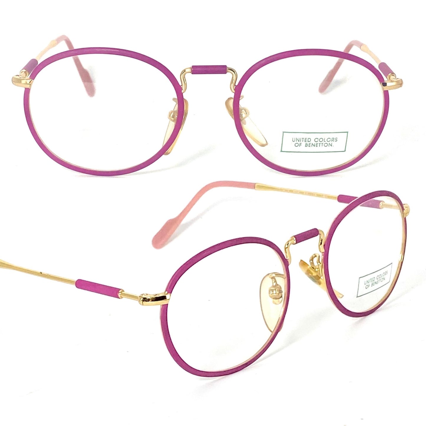United Colors Benetton oval gold- Fucsia enamel metal eyeglasses frames, cool steampunk vibe, 80s NOS Italy