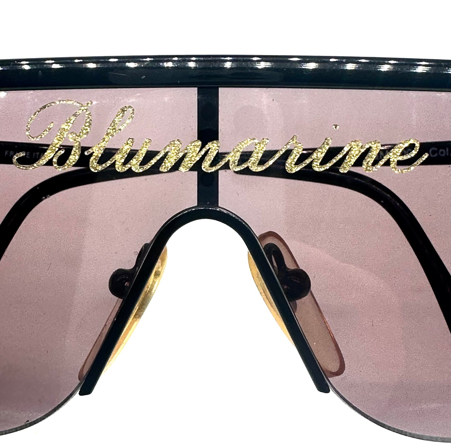 Bluemarine BM600 runway black shield sunglasses w golden glittered signature, NOS 80s Mint