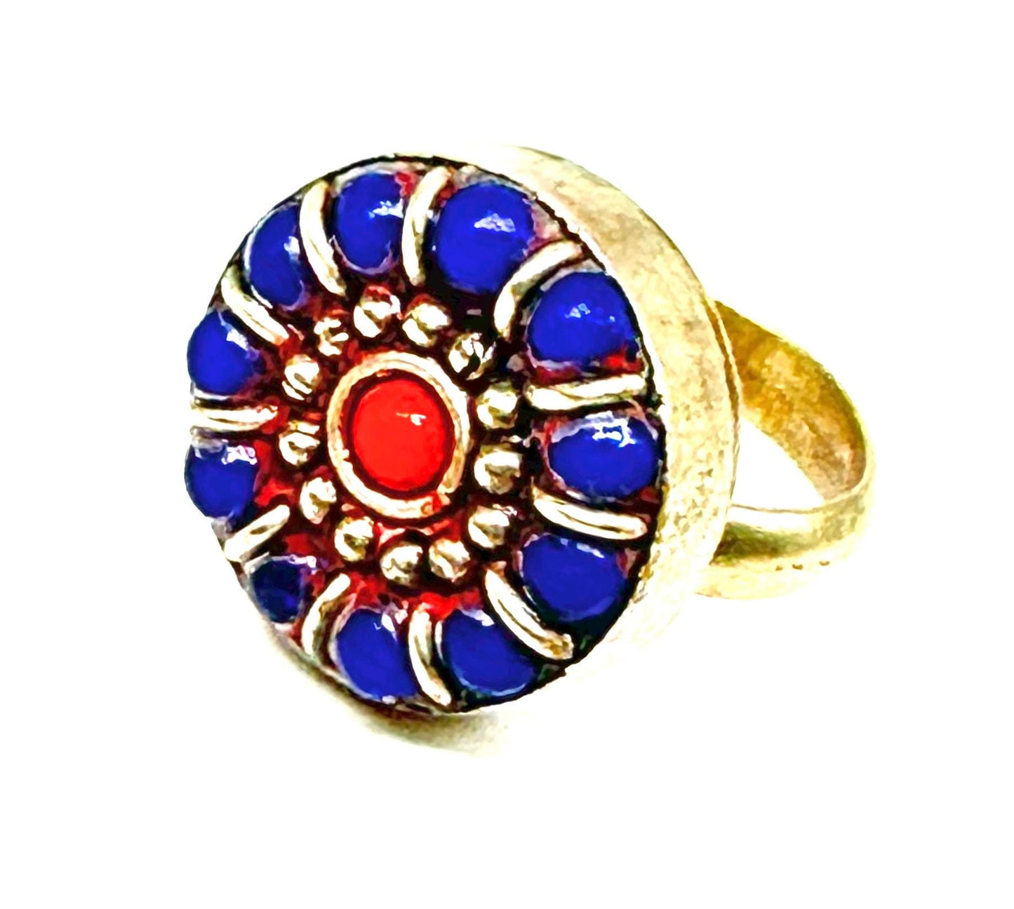 Tibetan ethnic rings w blue/red/turquoise beads/stones, adjustable