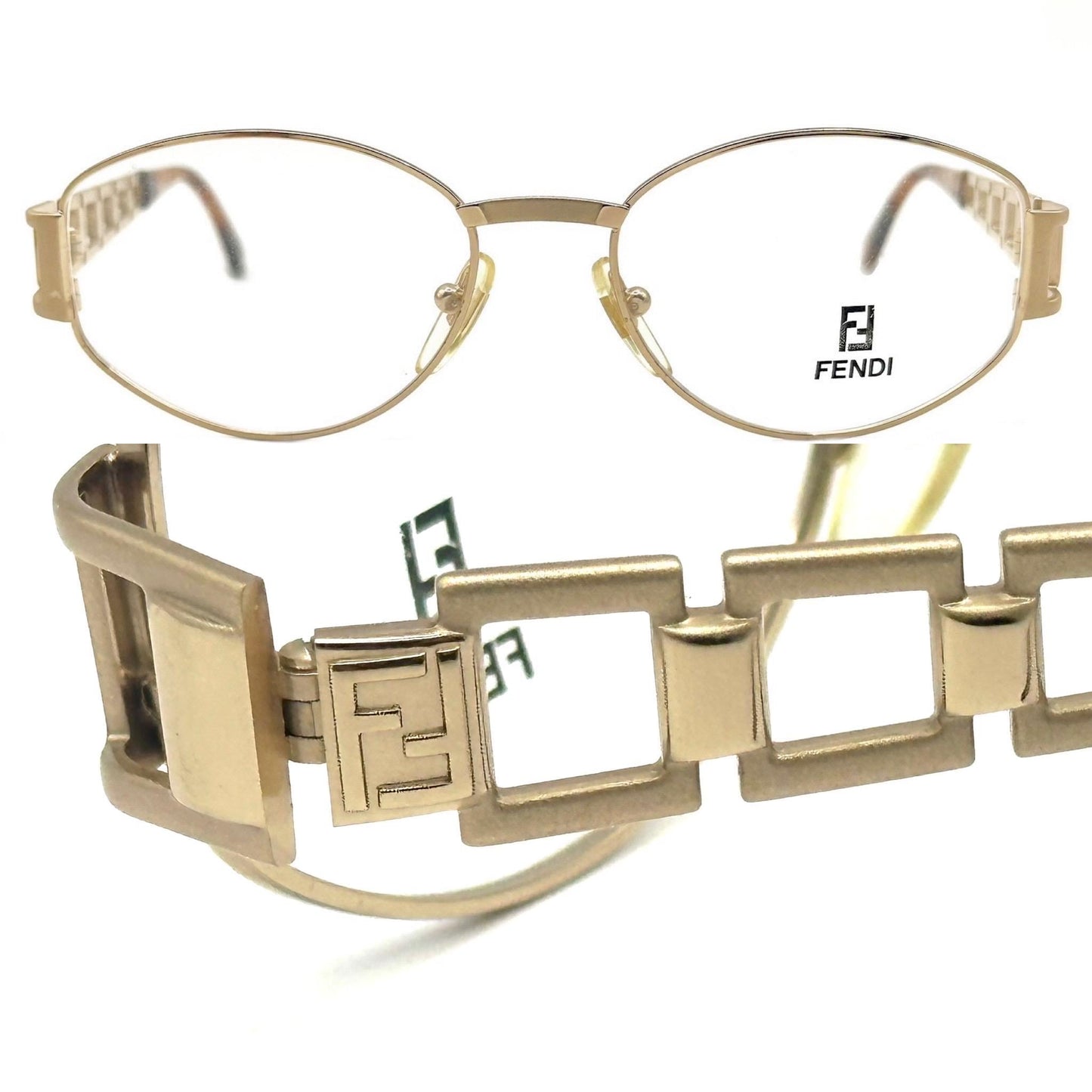 Fendi 7097 iconic oval golden chain cut-off temples frames made in Italy, 90s NOS