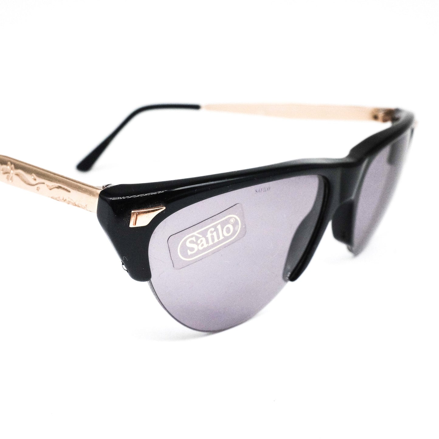 Safilo 1950s style black cateye sunglasses with golden carved temples, NOS 70s  Made in Italy