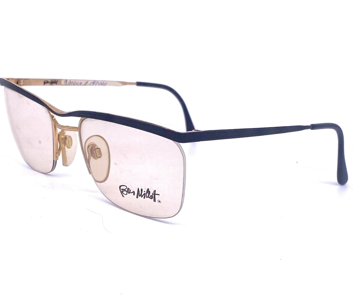 Ben Millot 007 square half rimmed metal eyeglasses frames in matte black or gold, NOS 80s France