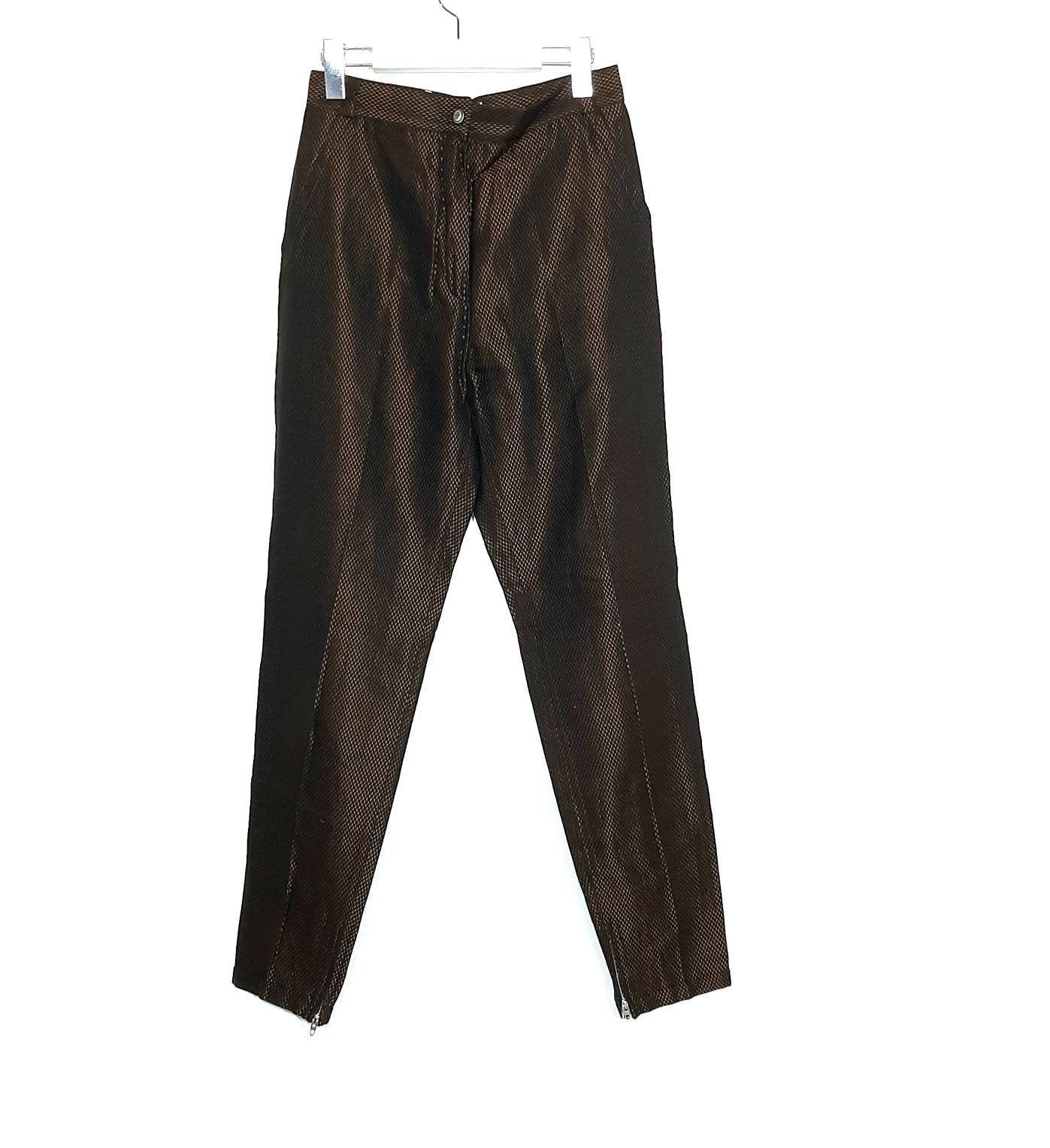 Gianni Versace classy sartorial trousers in brown checkered jacquard viscose, zippered ankles, NOS 80s W Tags