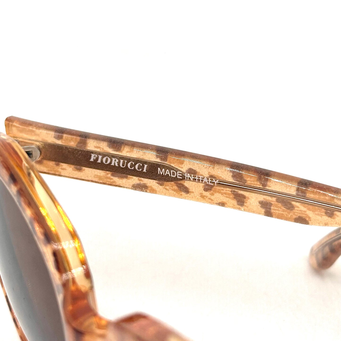 Fiorucci 406 occhiali da sole vintage rotondi fantasia ghepardati e madre perla giallo, Made in Italy anni '80 NOS
