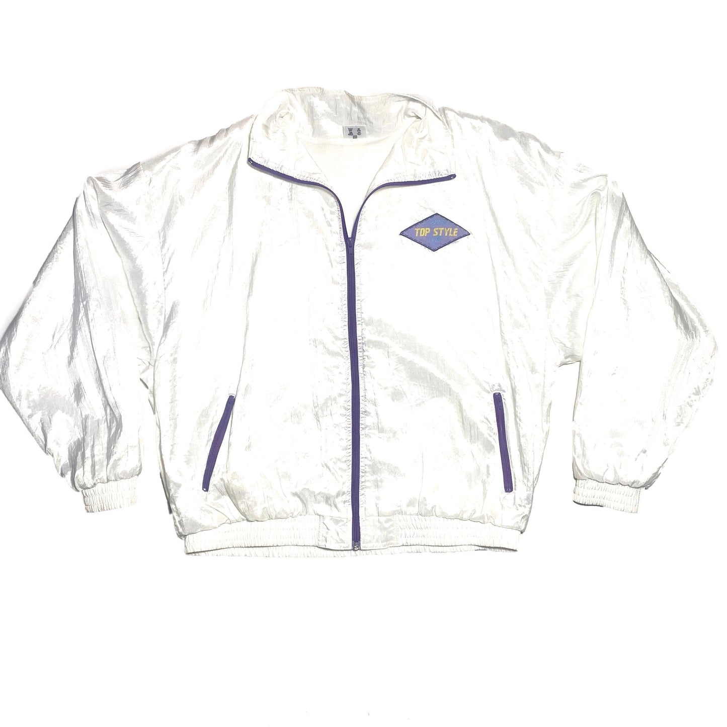 Top Style white satin windbreaker jacket with lilac zippers, mint condition sz XL
