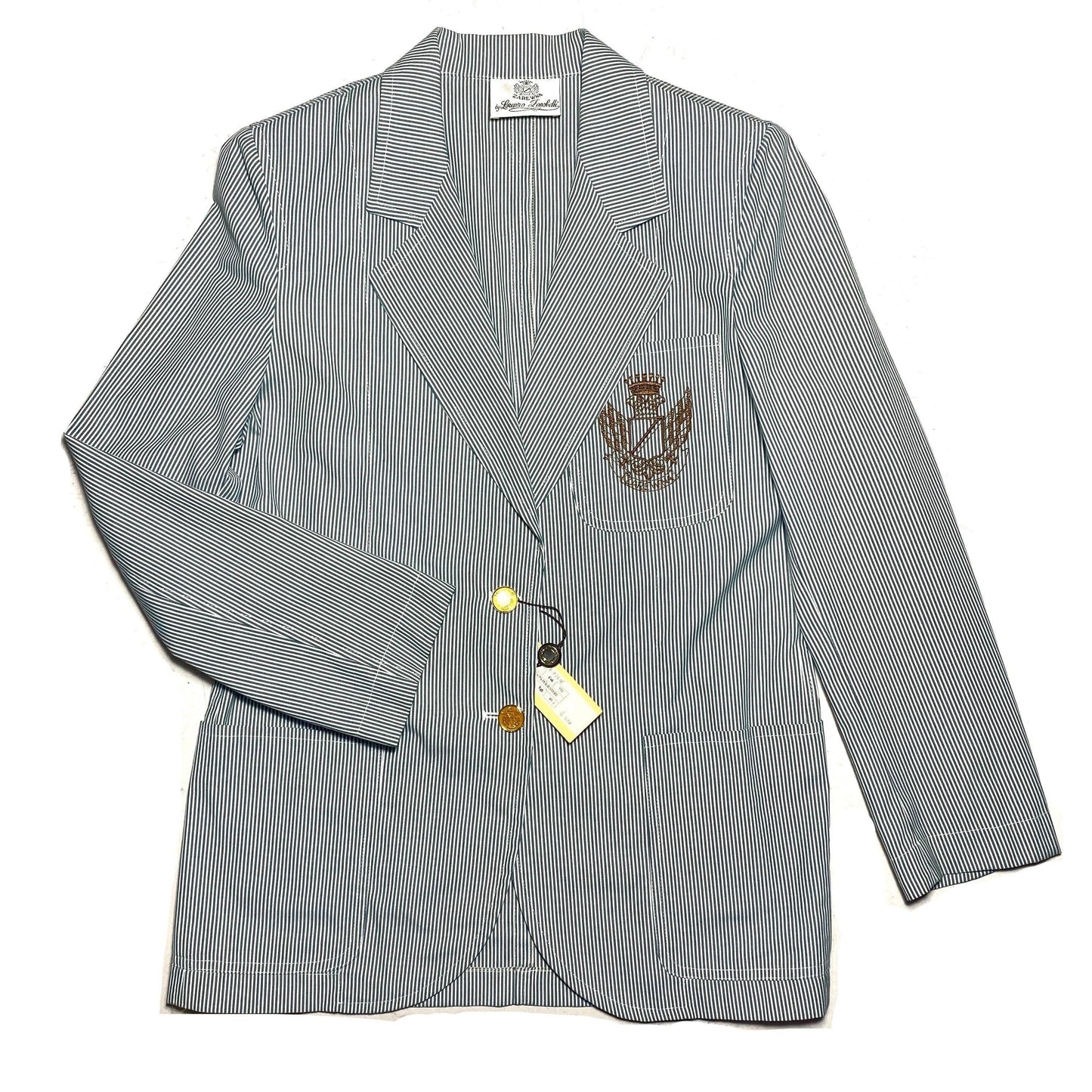 Lorenzo Zanabetti cotton striped yachting/college style embroidered royalty emblem blazer, Italy 80s NOS.