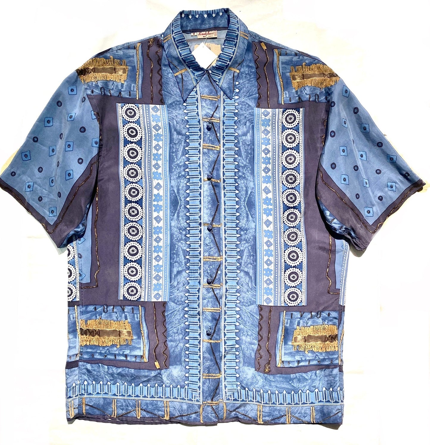 Renato Nucci Paris pure silk scarf print blue/beige ethnic inspired shirt, mint condition sz M