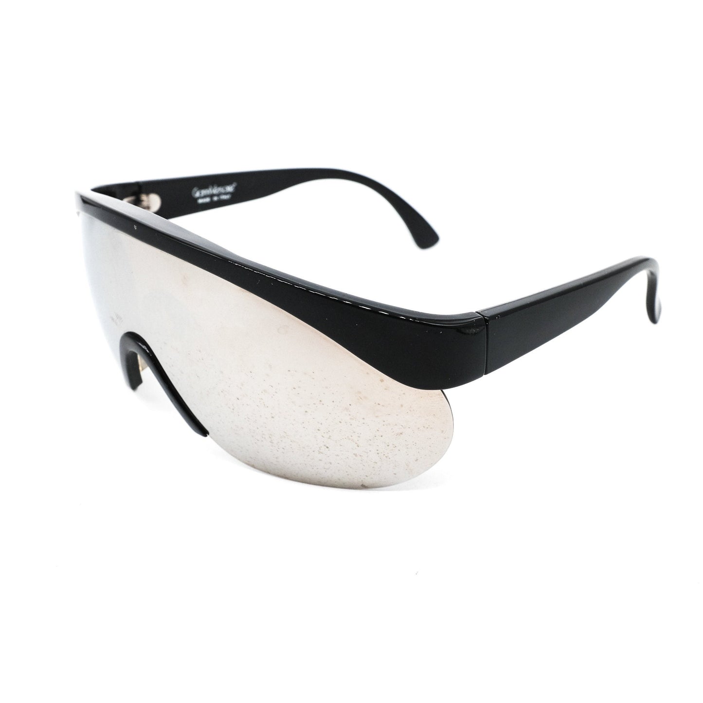 Gianni Versace black futuristic wrap sunglasses with brown mirrored shield lenses, NOs 90s Italy