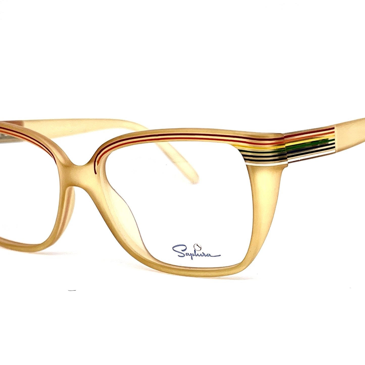 Saphira 4099 thick squared amber glasses with carved striped enameled in rainbow colors, NOS 80s
