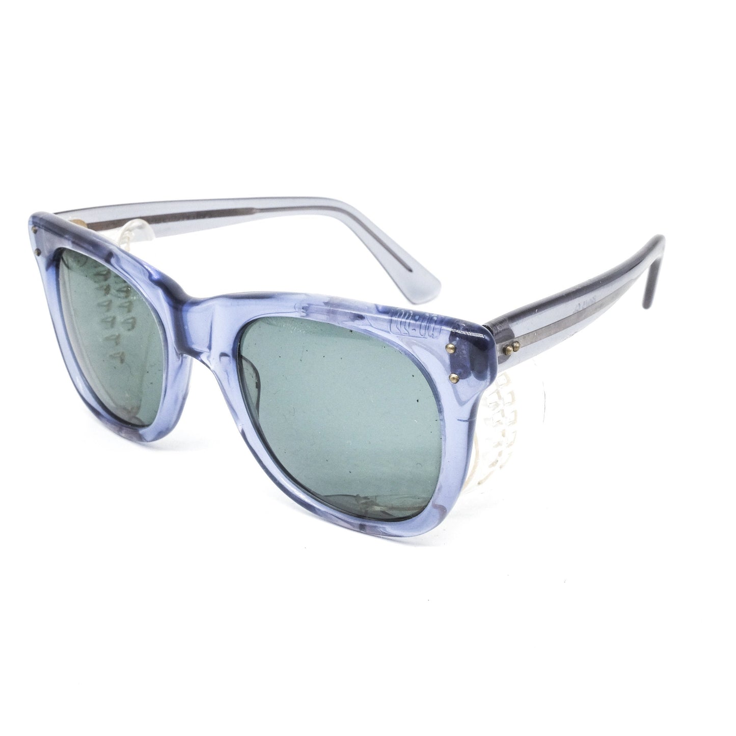 Occhiali da sole Wayfarer Baruffaldi in acetato traslucido con pannelli laterali trasparenti, new old stock anni '80 ITA