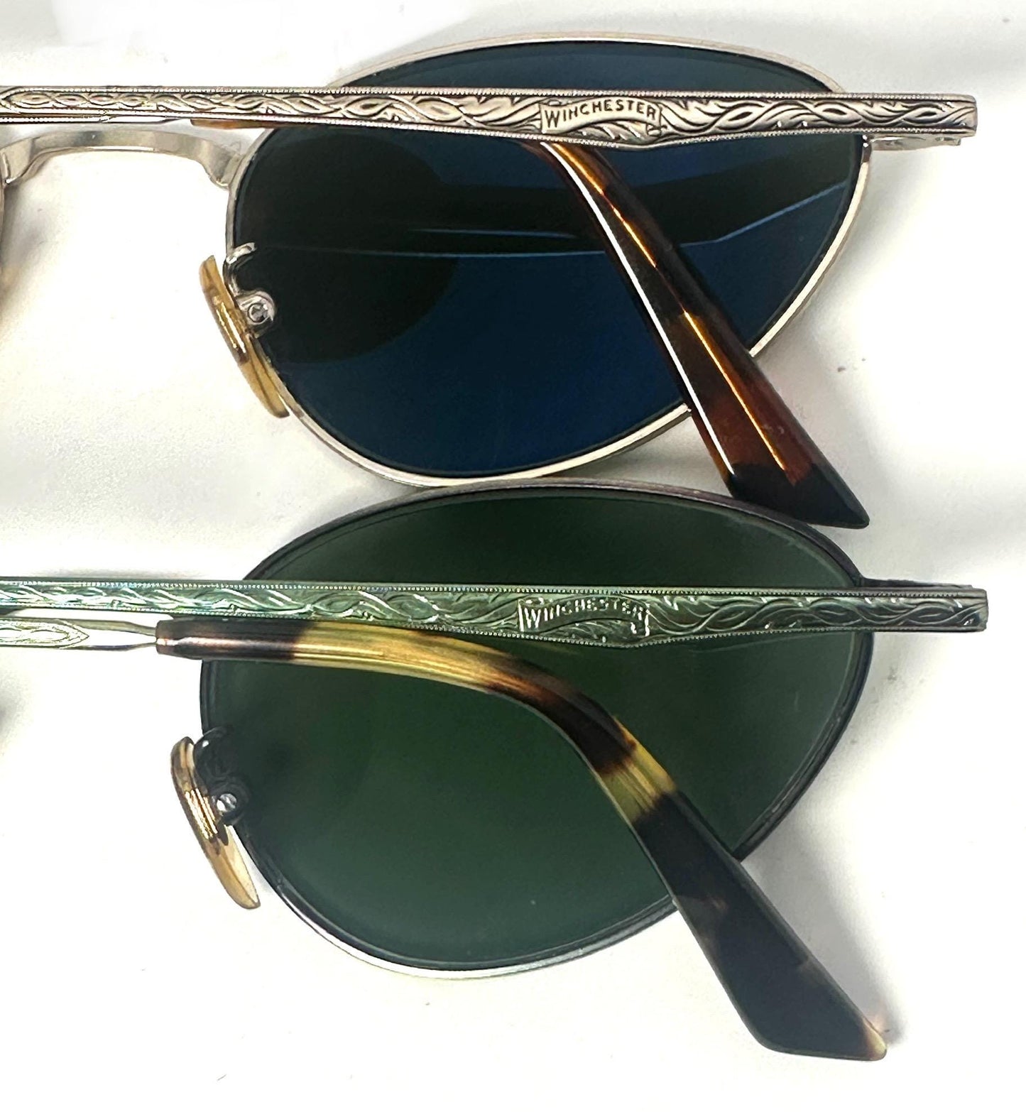 Winchester Hollywood metal cateye sungasses w decó carvings, fitted w finest tempered Crystals by Barberini, NoS 90s