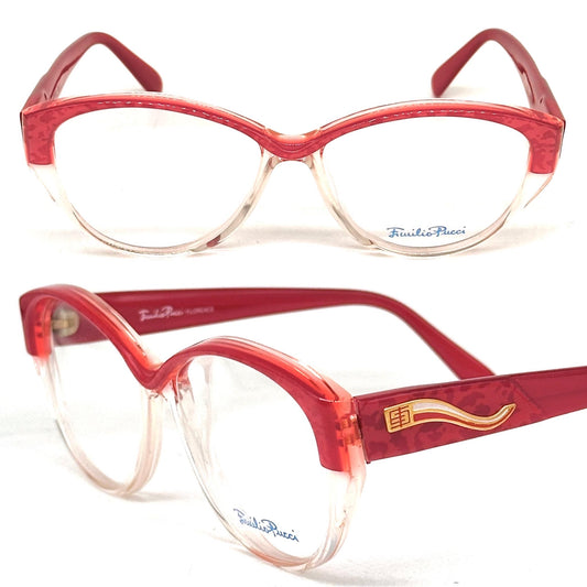 Emilio Pucci 371 half red spotted textured clear eyewear detailed with curved trail logo 80s Made in Florence