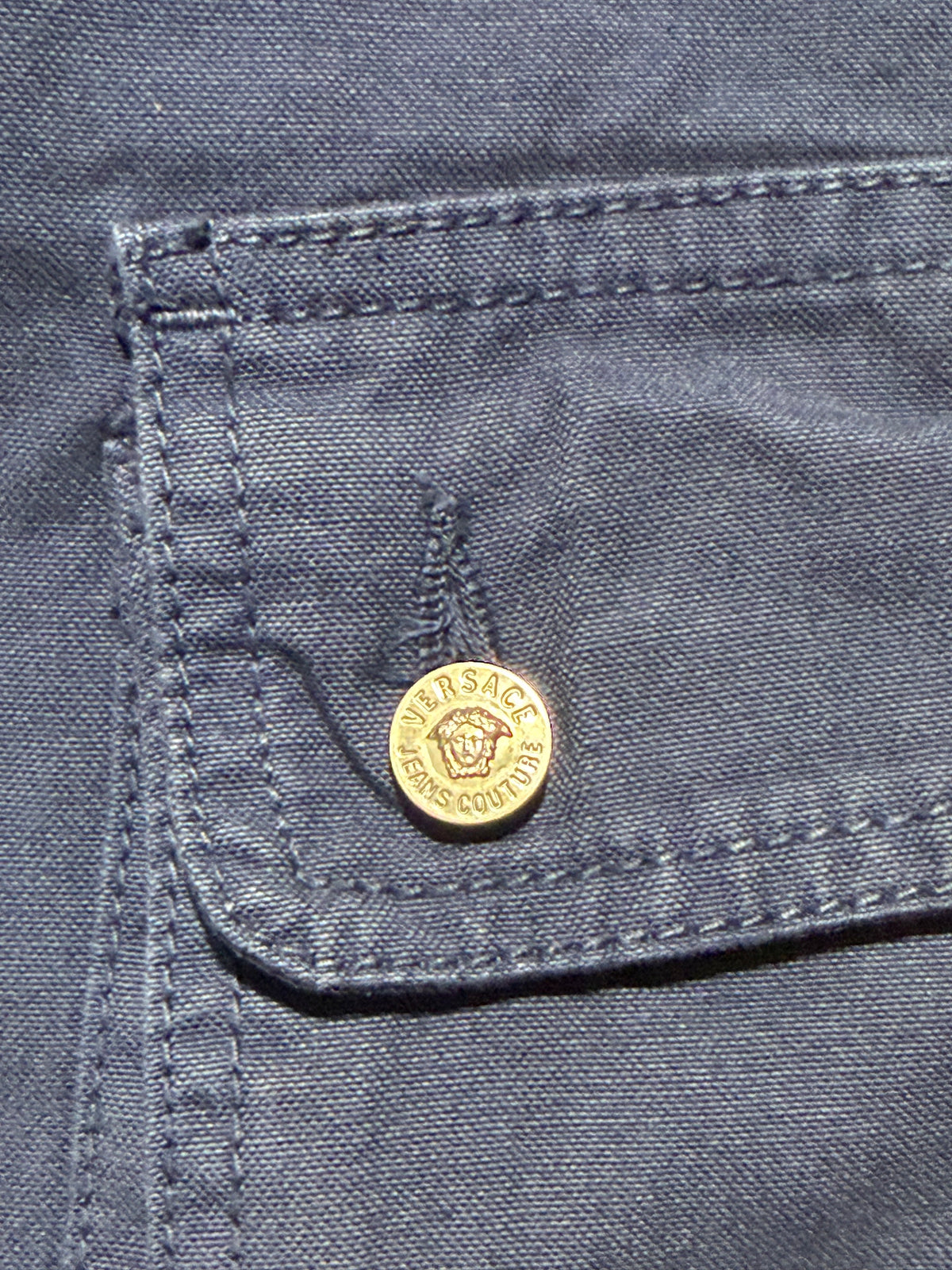 Versace Jeans Couture BNWT blue cotton capri cargo trousers w Medusa buttons, sz 28 & 30 available.